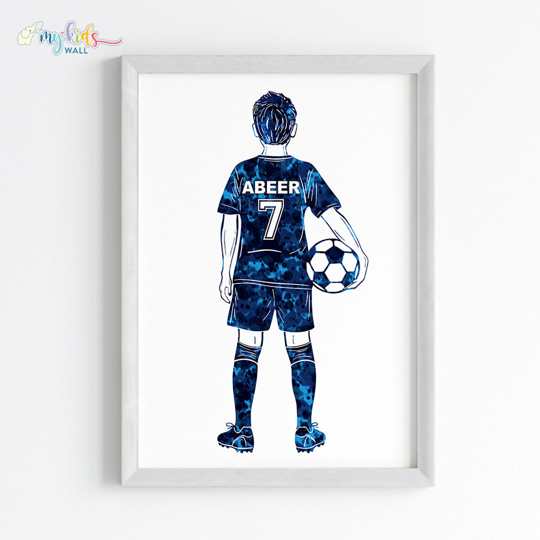 Football Player Kid Personalised Wall Art Framed Blue White