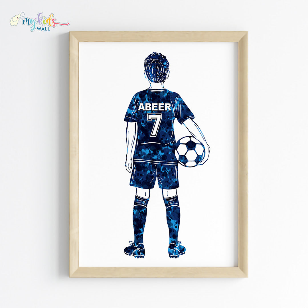 Football Player Kid Personalised Wall Art Framed Blue Wooden