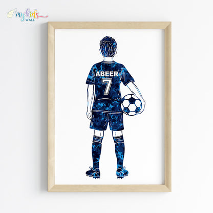 Football Player Kid Personalised Wall Art Framed Blue Wooden