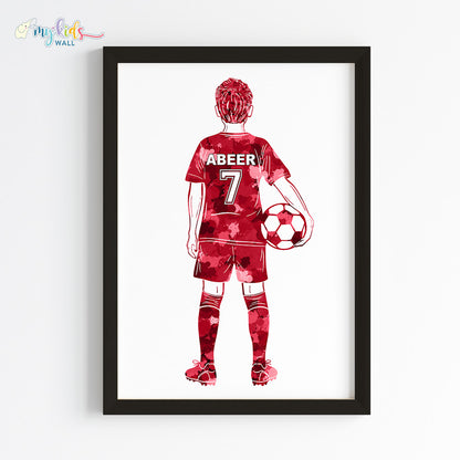 Football Player Kid Personalised Wall Art Framed Red Black