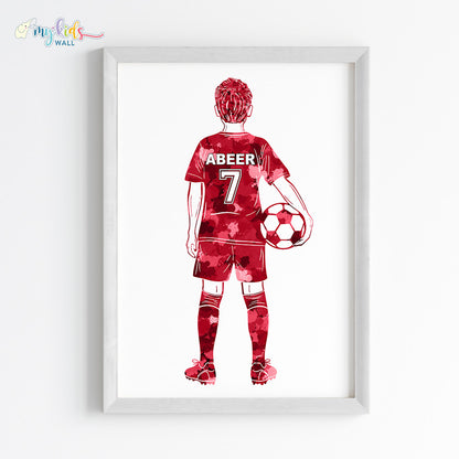 Football Player Kid Personalised Wall Art Framed Red White