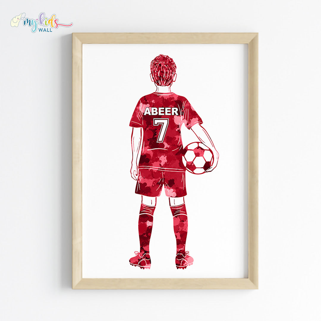 Football Player Kid Personalised Wall Art Framed Red Wooden