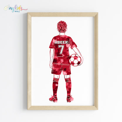 Football Player Kid Personalised Wall Art Framed Red Wooden