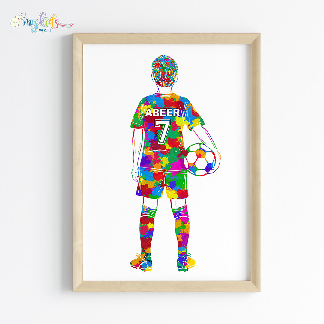 Football Player Kid Personalised Wall Art Framed Multicolor Wooden