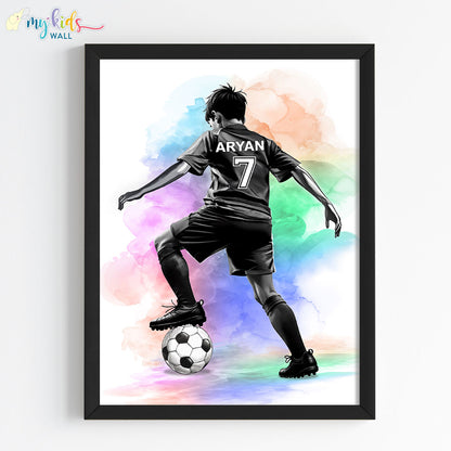 football player kid watercolor wall art black frame