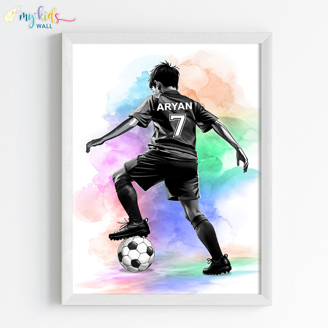 football player kid watercolor wall art white frame