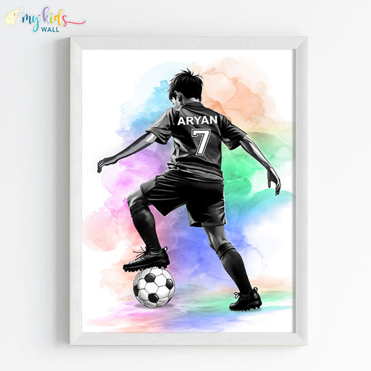 football player kid watercolor wall art white frame