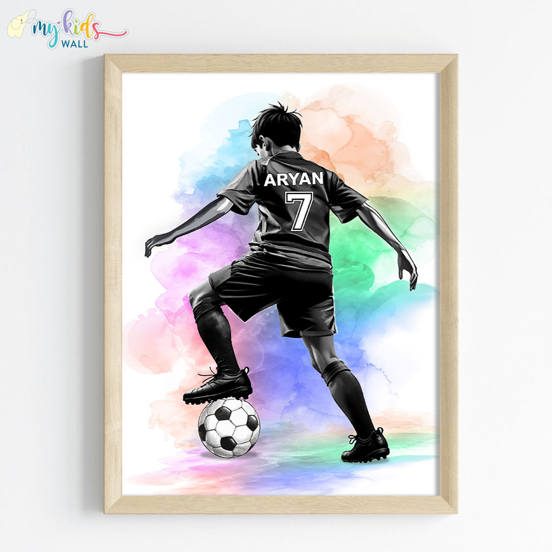 football player kid watercolor wall art wooden frame