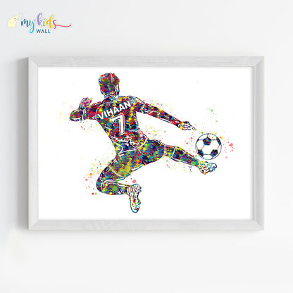 football player multicolor jump kick wall art white frame