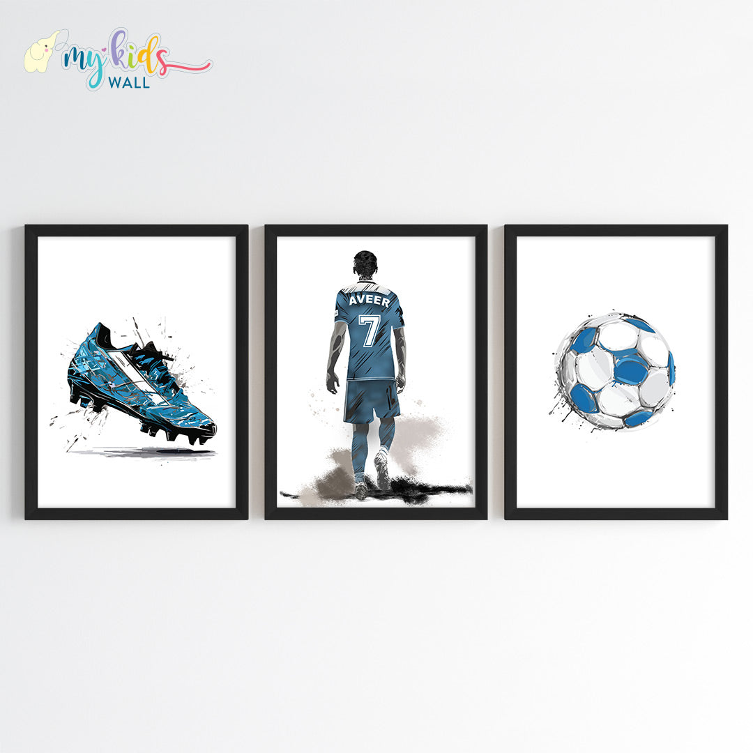 football player blue wall art set of 3 black frames