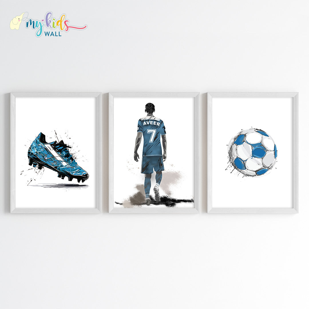 football player blue wall art set of 3 white frames