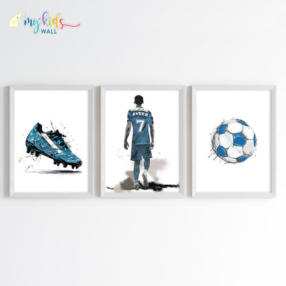 football player blue wall art set of 3 white frames