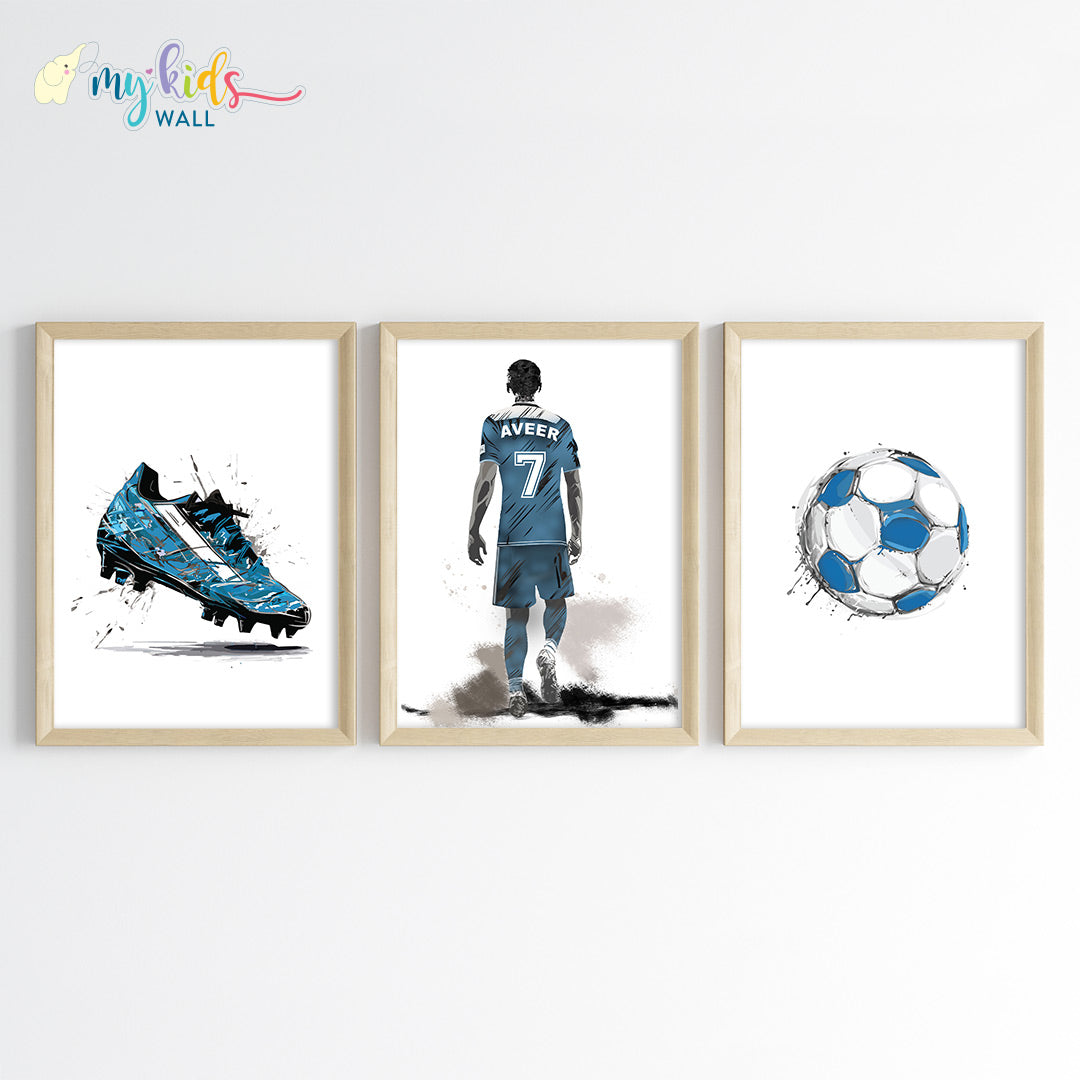 football player blue wall art set of 3 wooden frames