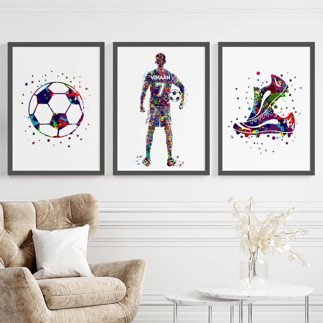 Inspirational multicolor football player boy set of 3 wall art black frame