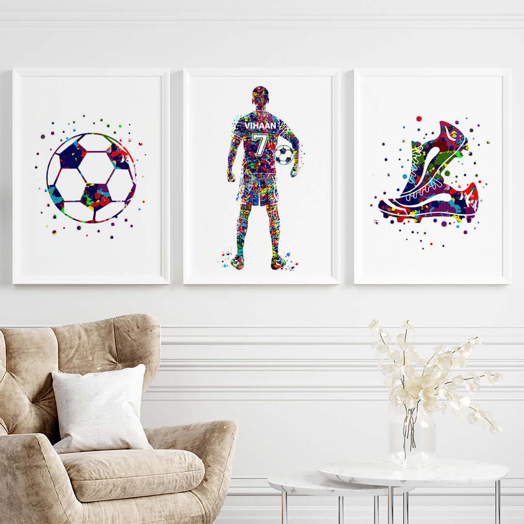 Inspirational multicolor football player boy set of 3 wall art white frame