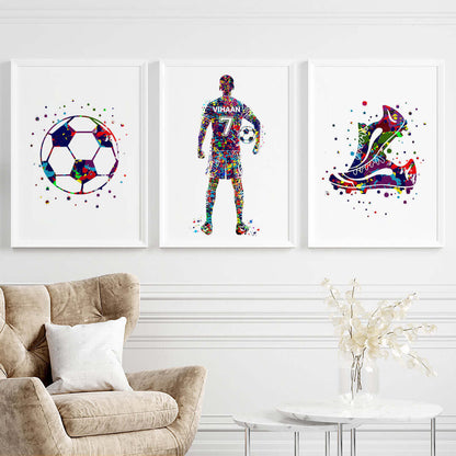 Inspirational multicolor football player boy set of 3 wall art white frame