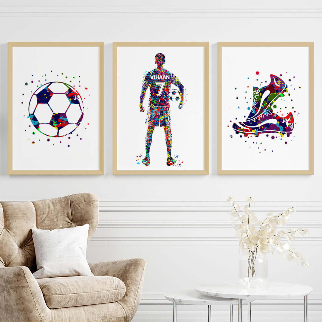 Inspirational multicolor football player boy set of 3 wall art wooden frame