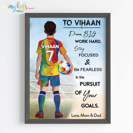 Motivational football player boy multicolor wall art black frame