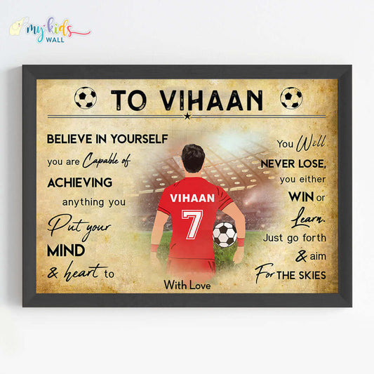 Motivational football player boy wall art black frame