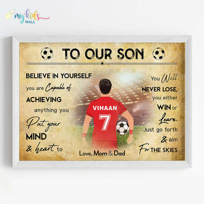 Motivational football player boy wall art white frame