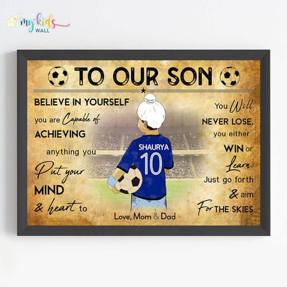 Motivational football player sikh boy blue wall art black frame