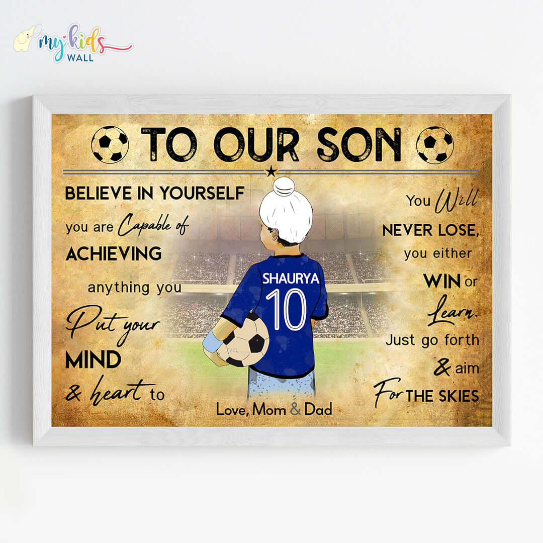 Motivational football player sikh boy blue wall art white frame