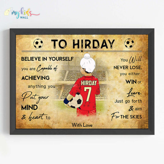 Motivational football player red sikh boy wall art black frame