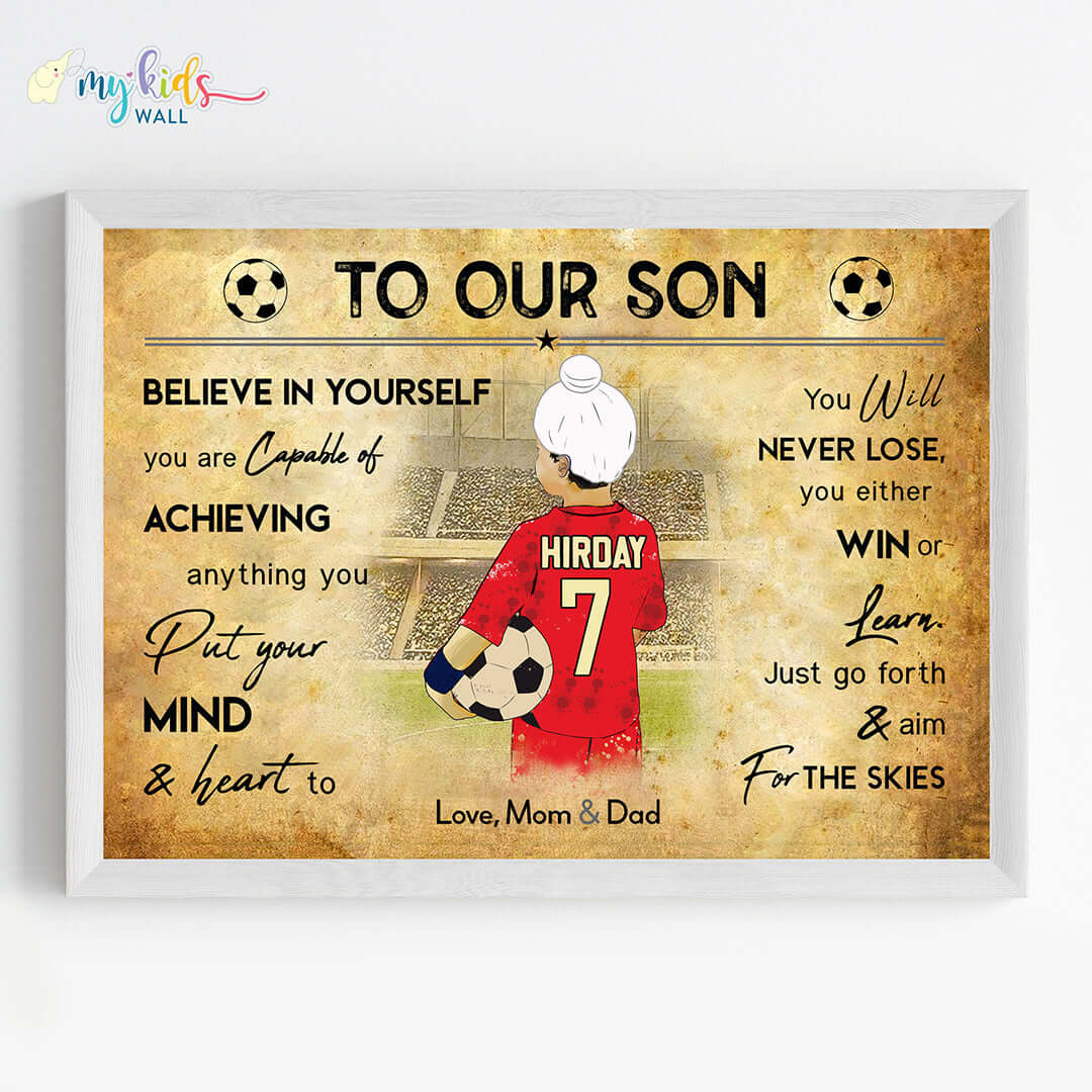 Motivational football player red sikh boy wall art white frame