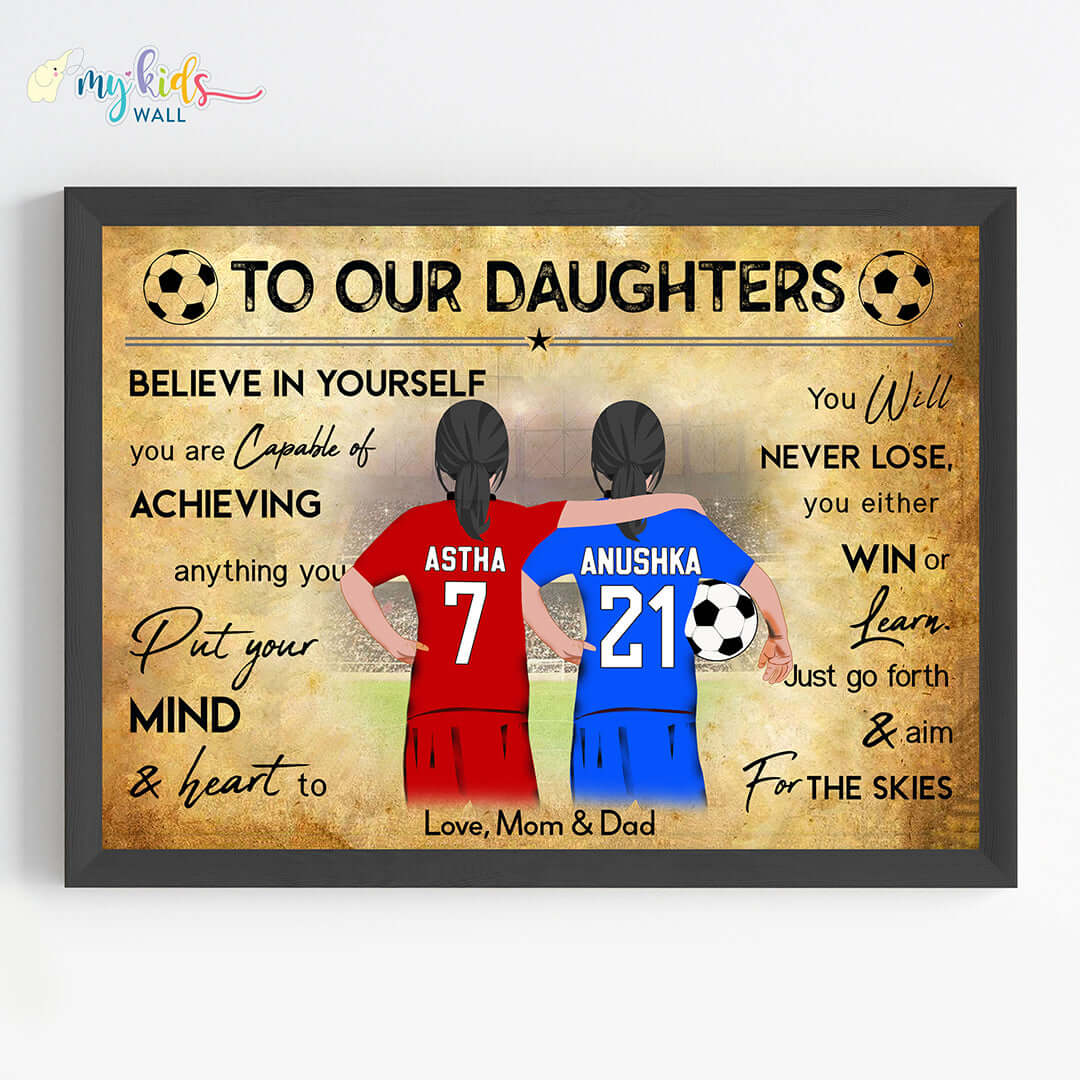 Motivational football player sisters wall art black frame