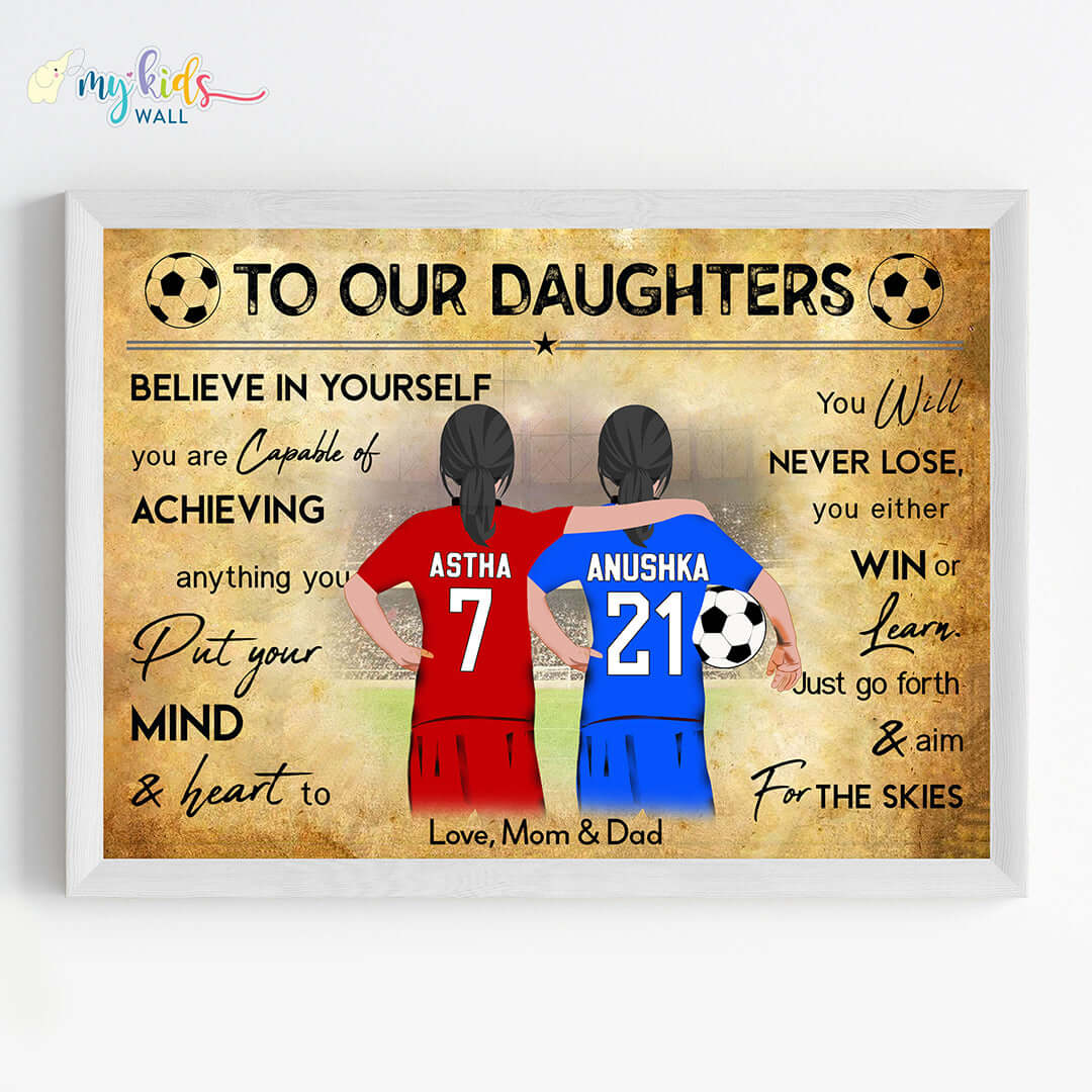 Motivational football player sisters wall art white frame