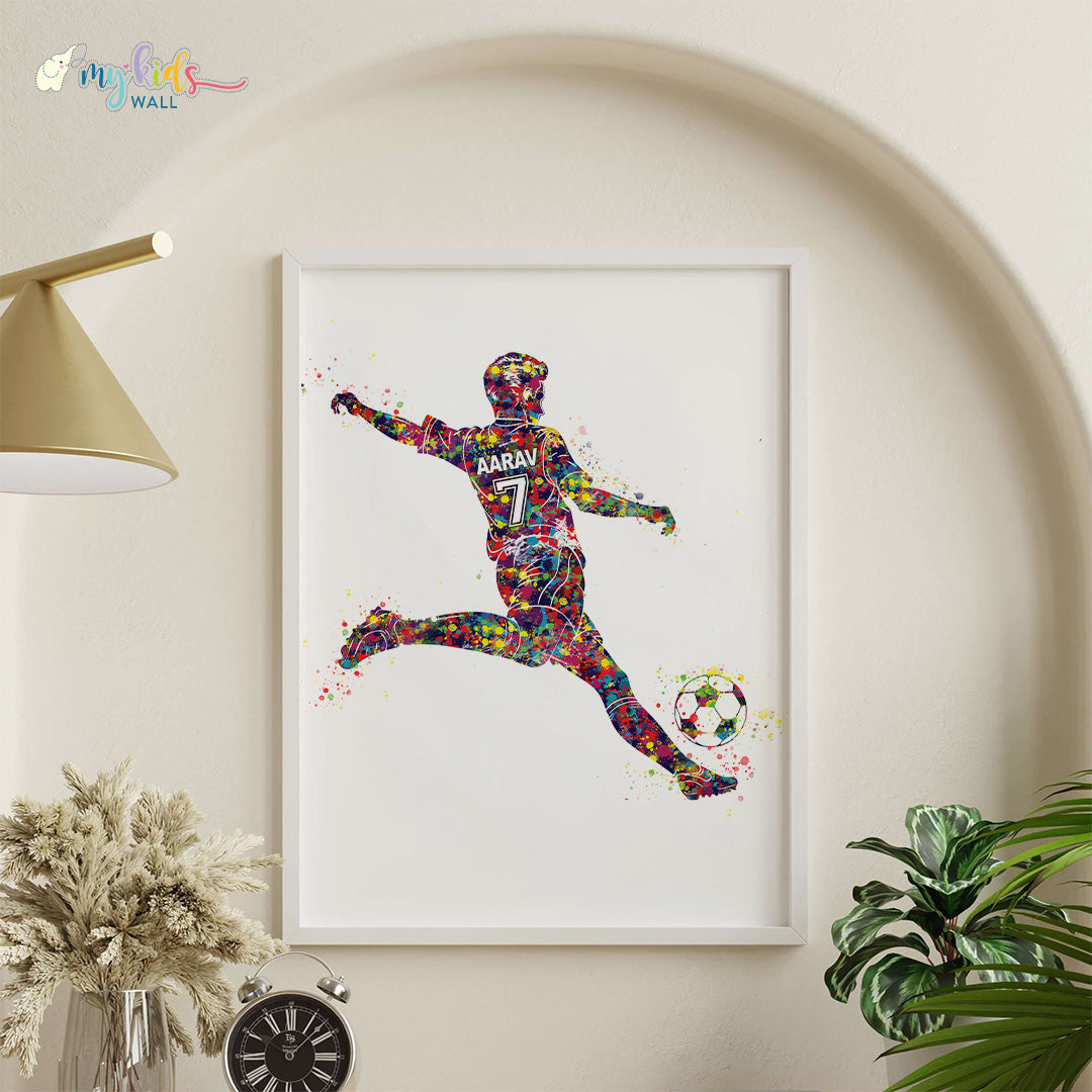 Football Player Teenage Boy Personalized Wall Art Framed White