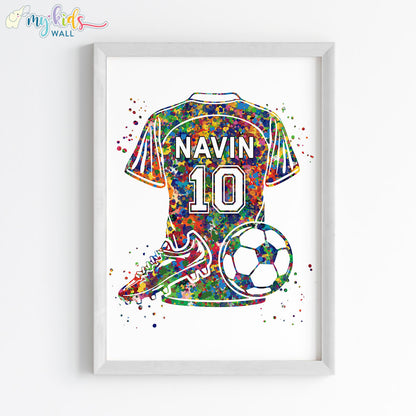 Football Theme Watercolor Personalised Wall Art Framed White