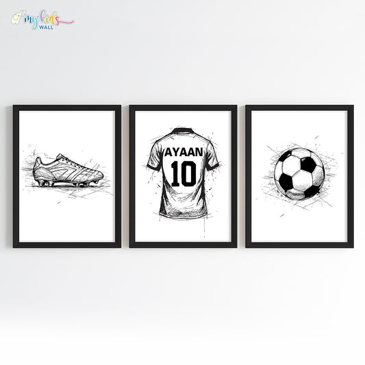Football Themed Personalised Wall Art Framed Set of 3 Black