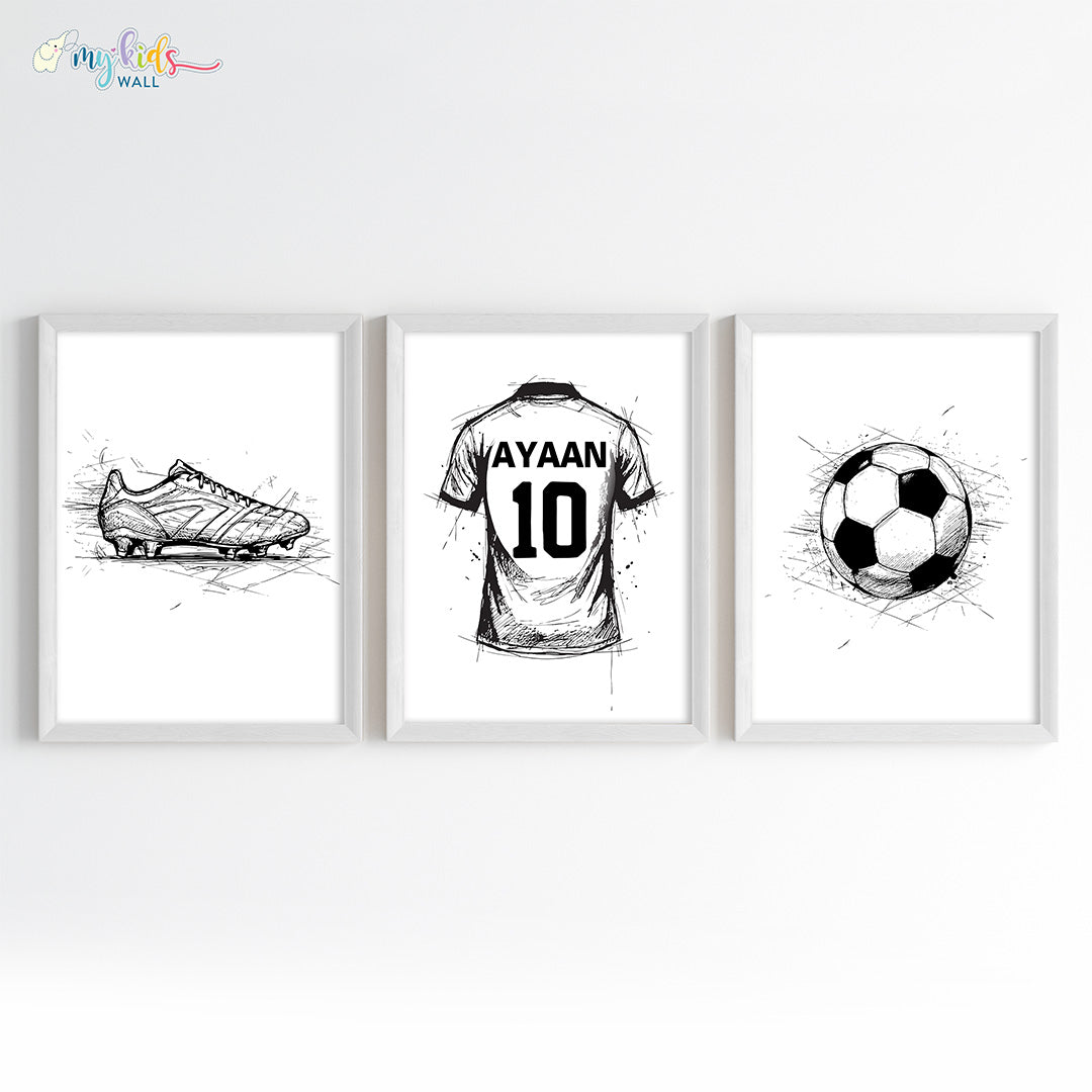Football Themed Personalised Wall Art Framed Set of 3 White