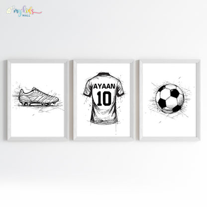 Football Themed Personalised Wall Art Framed Set of 3 White