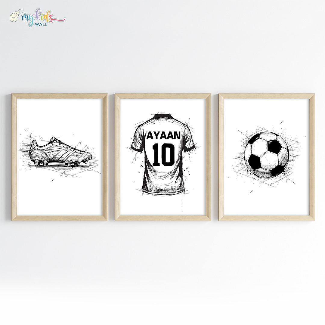 Football Themed Personalised Wall Art Framed Set of 3 Wooden