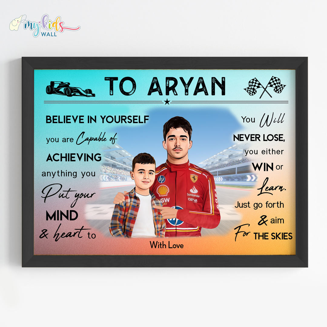 Motivational black wall frame of Charles Leclerc with a child