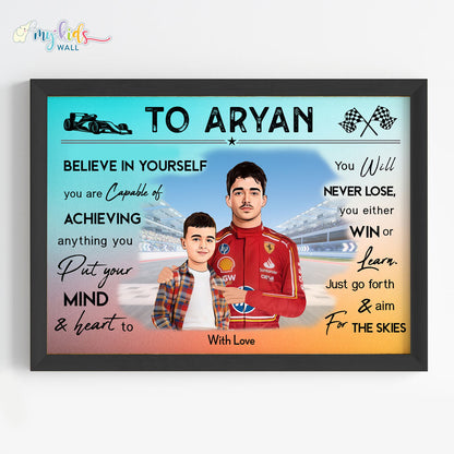 Motivational black wall frame of Charles Leclerc with a child