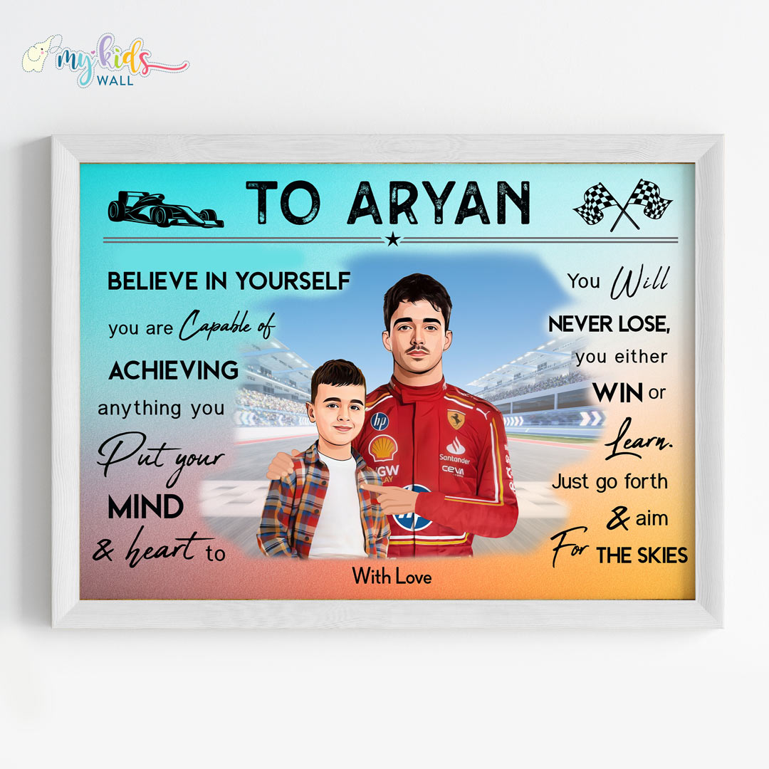 Motivational white wall frame of Charles Leclerc with a child