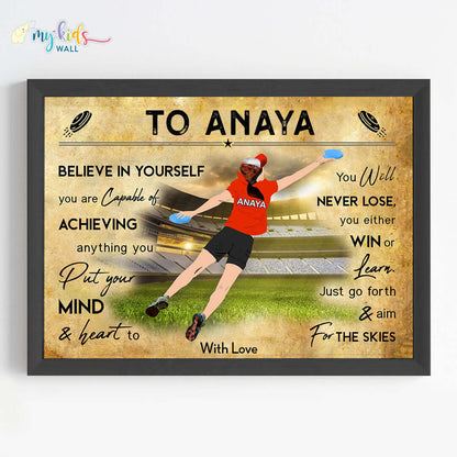 Motivational frisbee player girl  wall art black frame