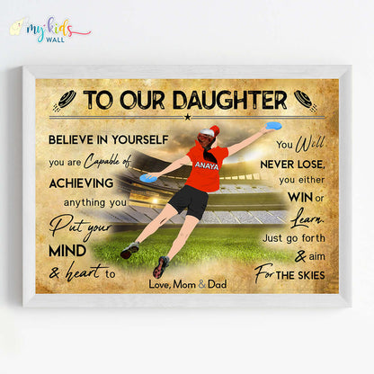 Motivational frisbee player girl  wall art white frame