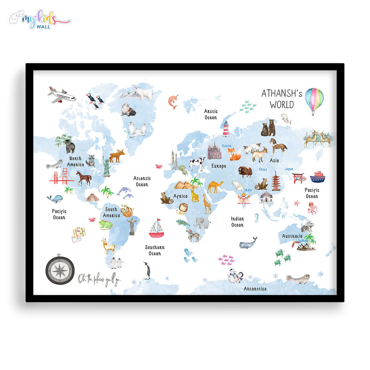 Fun & learn blue animals world map black frame