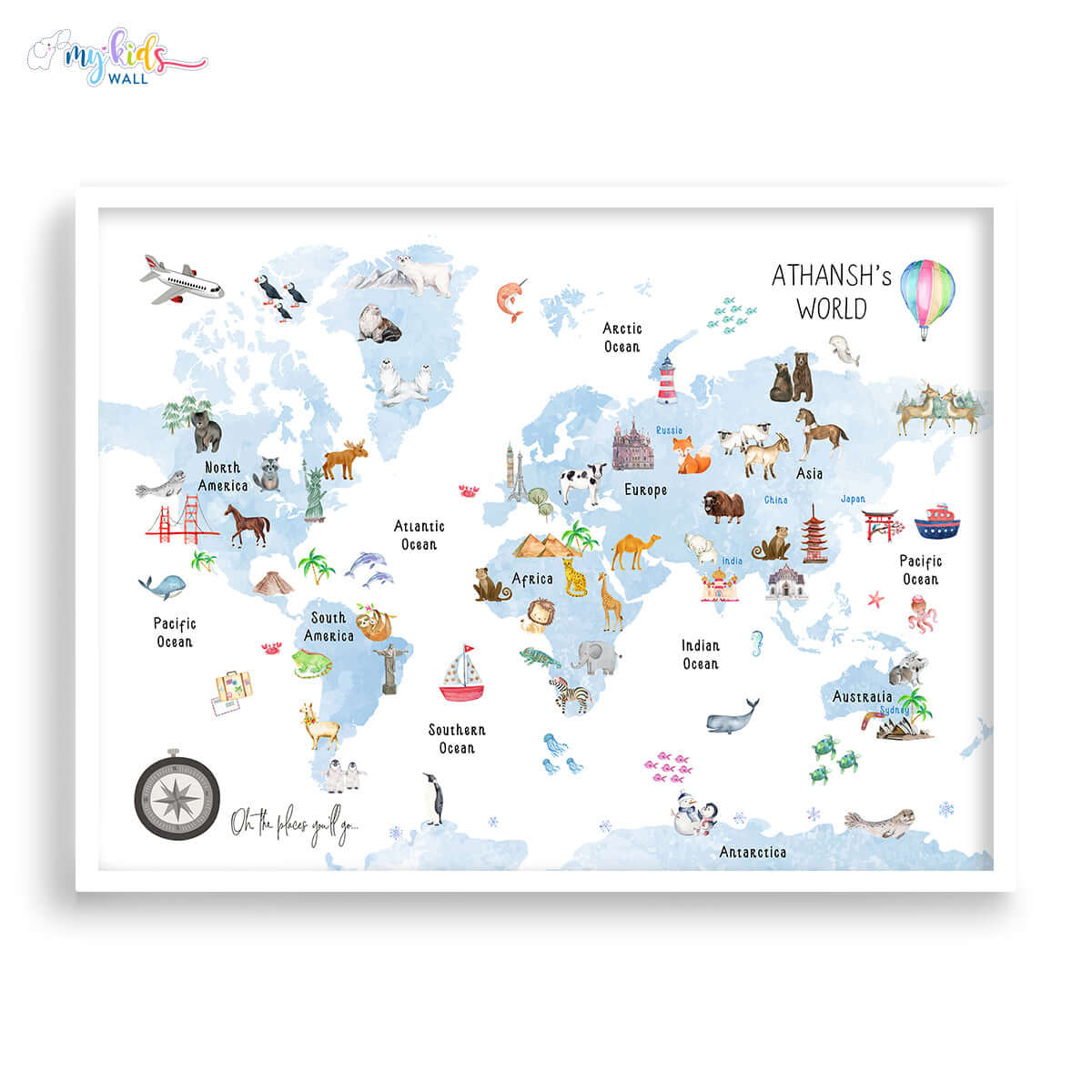 Fun & learn blue animals world map white frame