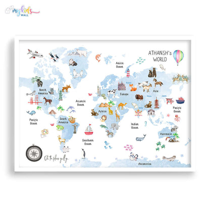 Fun & learn blue animals world map white frame