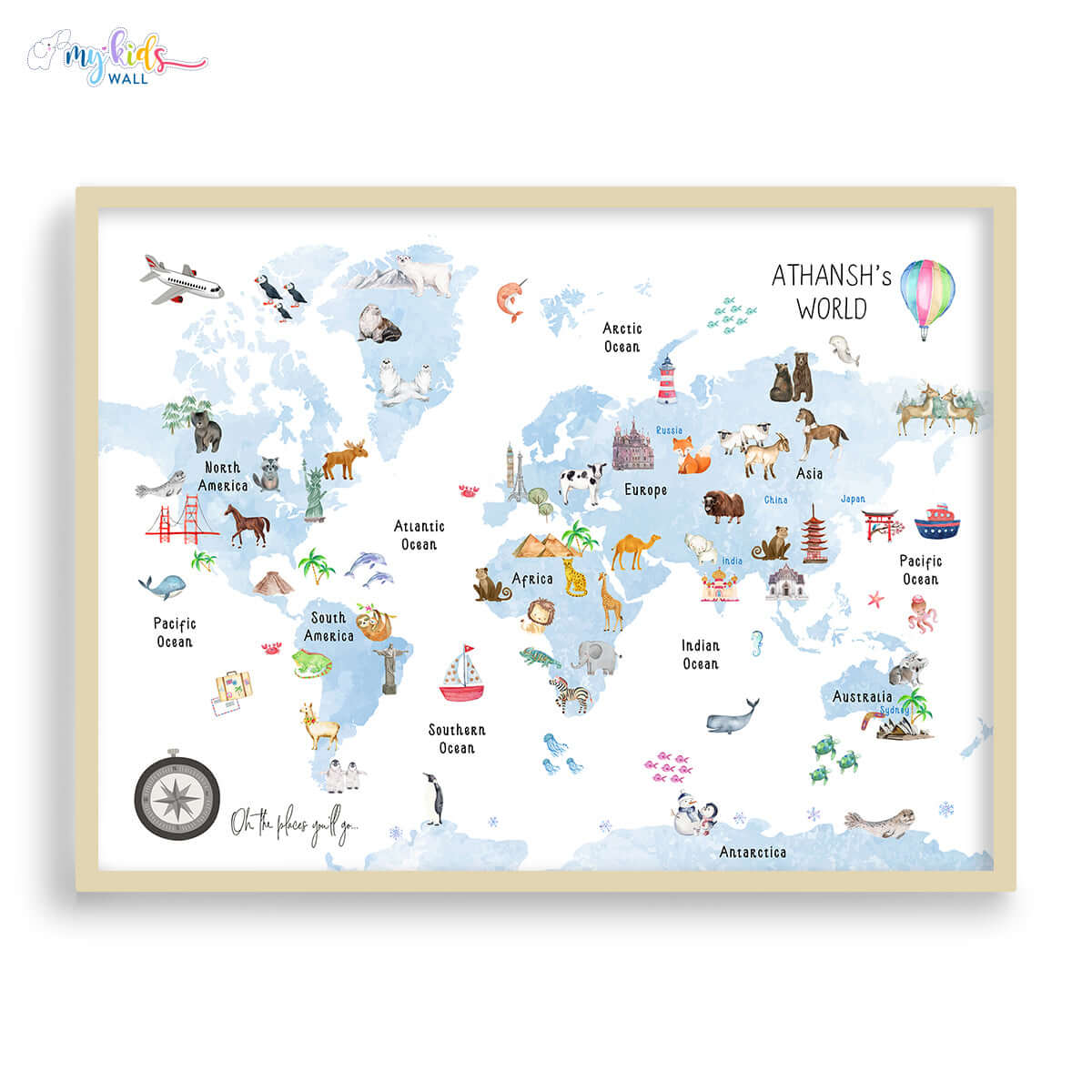 Fun & learn blue animals world map wooden frame