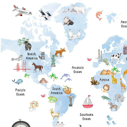 Fun & learn blue animals world map zoom