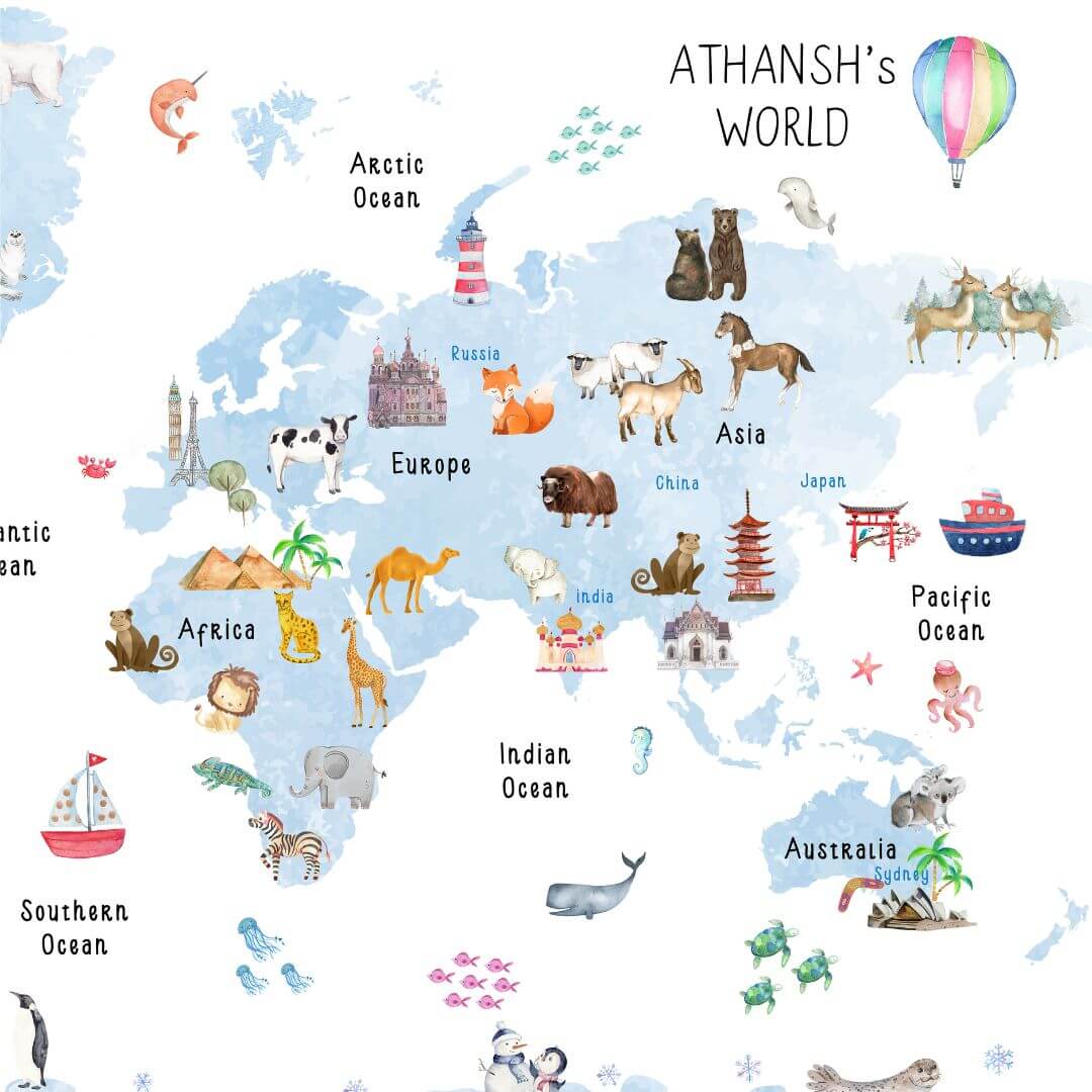 Fun & learn blue animals world map zoom