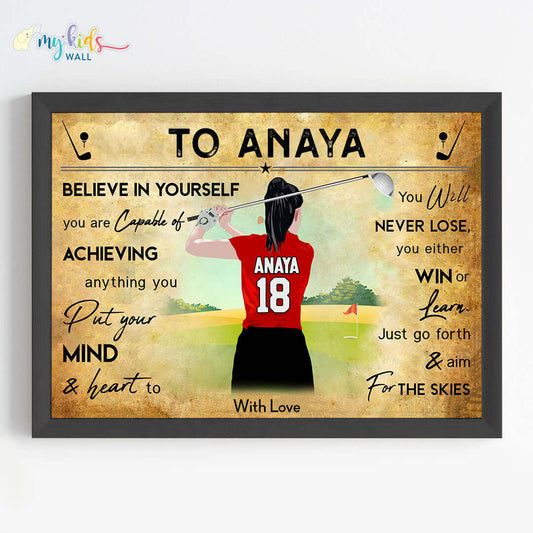 Motivational golf player girl wall art black frame