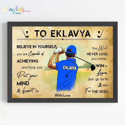 Motivational golf player boy wall art black frame