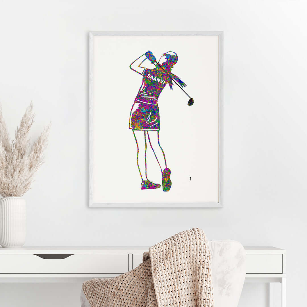 Inspirational golf player girl wall art white frame